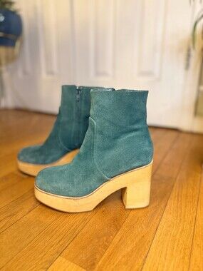 Charlotte Stone Emerald Suede Platform Clog Boots | Sz 7 |  90s Square Toe